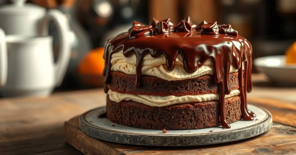 chocolate cake with cream and sauce